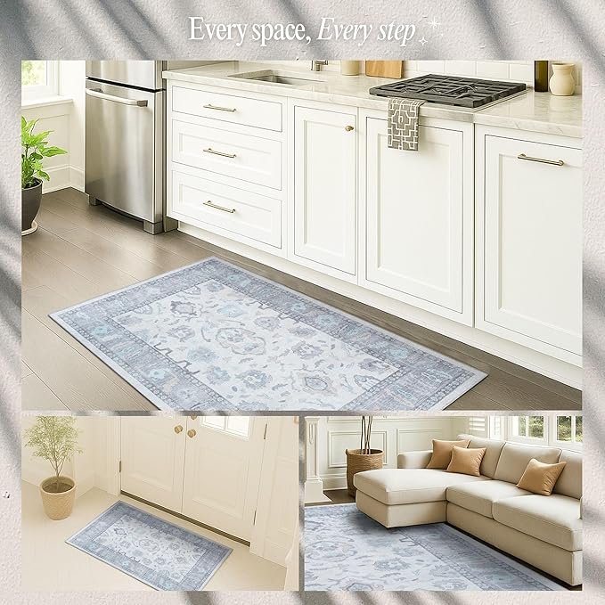 Fame Rugs Gray Modern Oushak Rug 2'6"x10, Vintage Turkish Colorful Oriental Antique Inspired Foldable Long Washable Runner Rugs, Luxury Living Room Bedroom (384GB, 2'6" x 10')