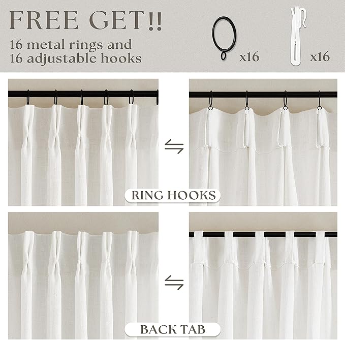 Beige White Pinch Pleated Linen Curtains 2 Panels 100 Inches Long for Living Room Bedroom Memory Training Shaped Semi Sheer Pleat Drapes with Hooks Rings Light Filtering Window Curtain 40x100