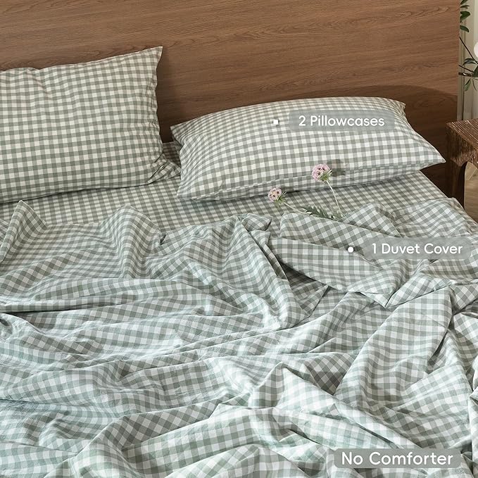 MooMee Gingham Duvet Cover Set 100% Washed Cotton Linen Like Textured Breathable Durable Soft Comfy Modern Checkered Design (Sage Green Gingham, Cal King 104"x98")