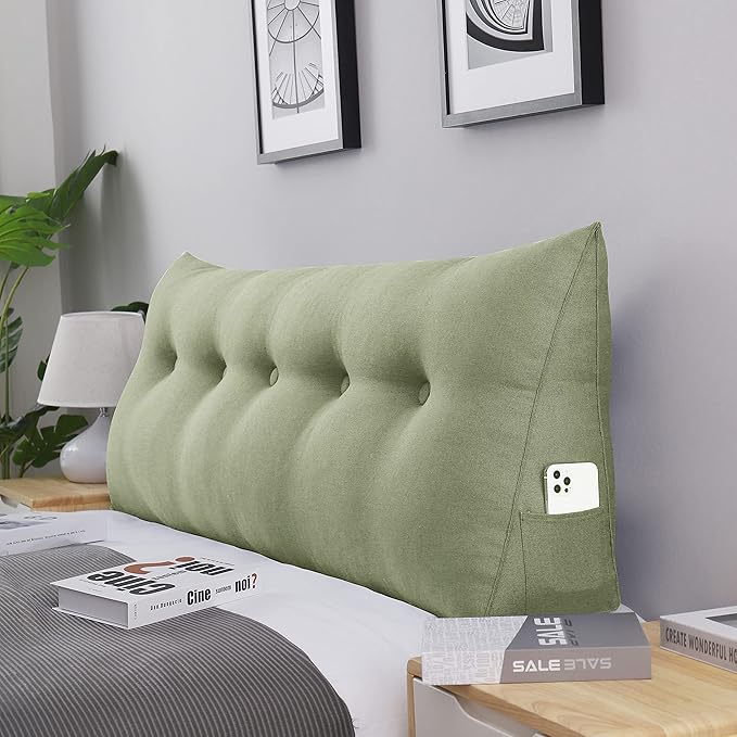 homecozy Wedge Headboard Pillow Dorm Room Reading Pillow Back Support for Sitting Up in Bed Bolster Lumbar Cushion Body Positioning Bedrest Cotton Linen 59in Grass Green Queen
