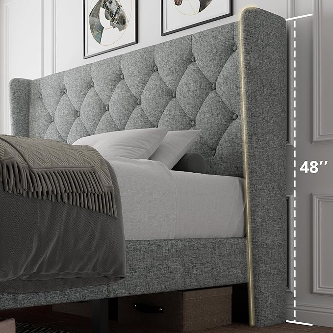 iPormis Queen Size Platform Bed Frame with Button Tufted Headboard, Upholstered Bed Frame with Solid Wooden Slats, 8" Underbed Space, No Box Spring Needed, Noise Free, Easy Assembly, Light Gray