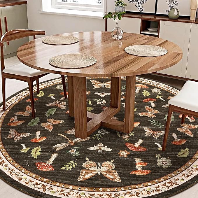 Mushroom Insect 7ft Round Rug Washable Non-Slip Soft Ultra-Thin Large Boho Circle Carpet for Entryway Kitchen Bedroom Nursery Dining Room Brown
