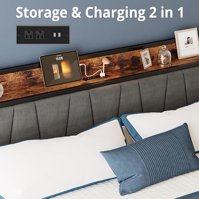 LIKIMIO California King Bed Frame with 4 Storage Drawers, Platform Bed with Charged Headboard, Sturdy and Stable, No Noise, No Box Spring Needed, Easy to Install, Vintage Brown and Gray