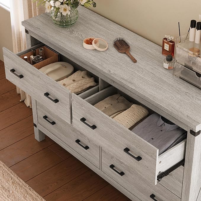 LINSY HOME Farmhouse 6 Drawer Double Dresser for Bedroom, 53” Wide Rustic Wood Chest with Deep Drawers, Modern Dressers with Storage and Metal Handles for Closet, Living Room, Hallway, Wash Grey