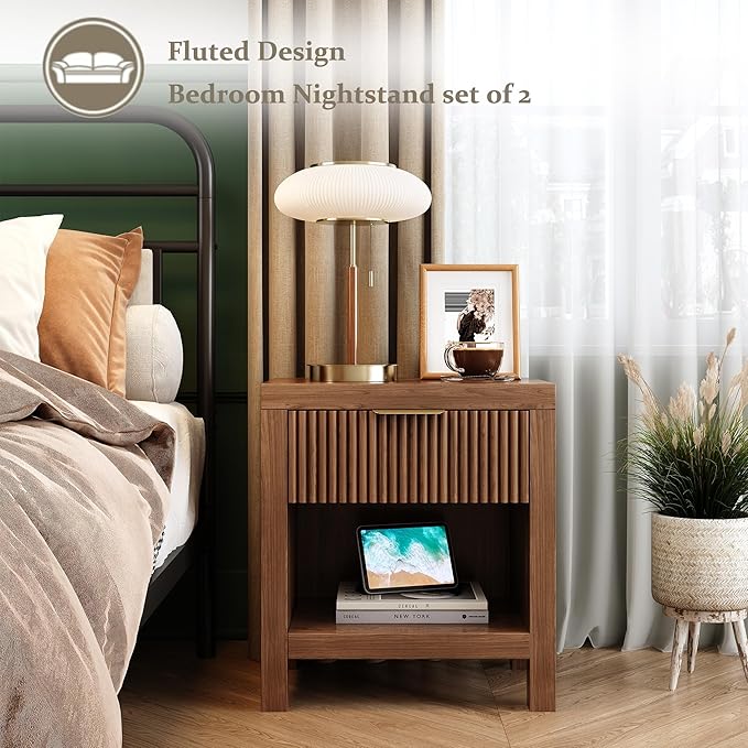 Nightstand Set of 2, End Table with 2 Drawers, Modern Bed Side Table with Storage, Farmhouse Fluted Cabinet Bedside Cabinet for Bedroom Living Room Sofa Couch Office (Walnut-2)