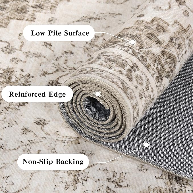 6x9 Vintage Washable Area Rugs Boho Medallion Large Distressed Retro Accent Carpet Floral Non-Slip Soft Low Pile Indoor Throw Rug for Living Room Bedroom Dining Room Office Kitchen, Taupe