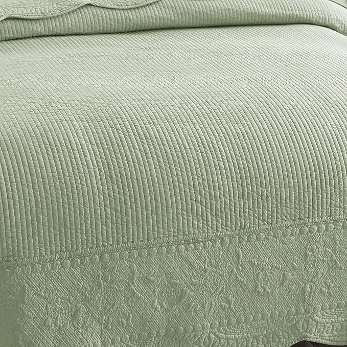MarCielo 3-Piece 100% Cotton Oversized Bedspread Lightweight Quilt Coverlet Embroidery Farmhouse Bedding Set (TG Pale Green, Oversized King (118"x106"))