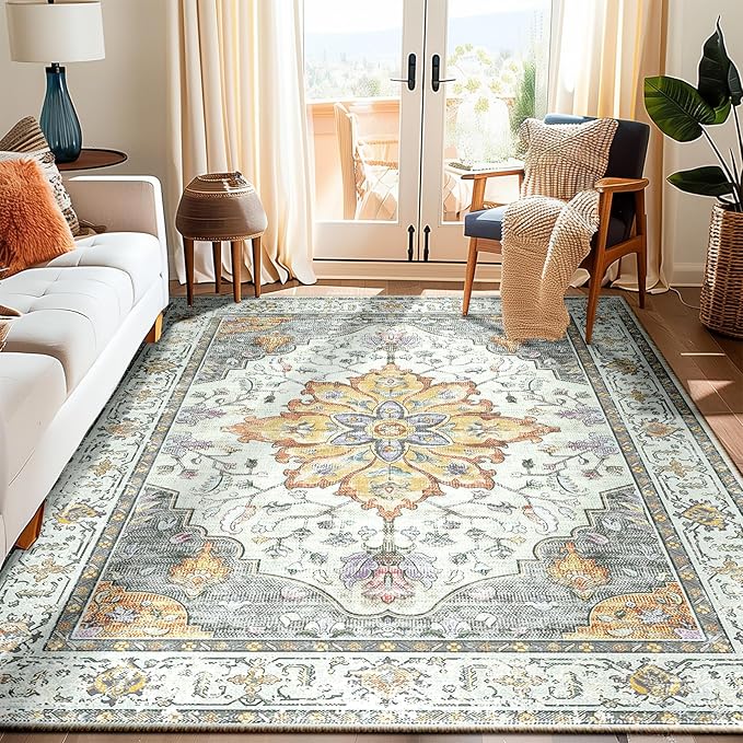 Area Rugs 6'x9' Washable Non-Slip, Floral Vintage Distress Print Pattern Medallion Carpet for Living Room Bedroom Dining Room, Light Yellow Carbon Grey Orange
