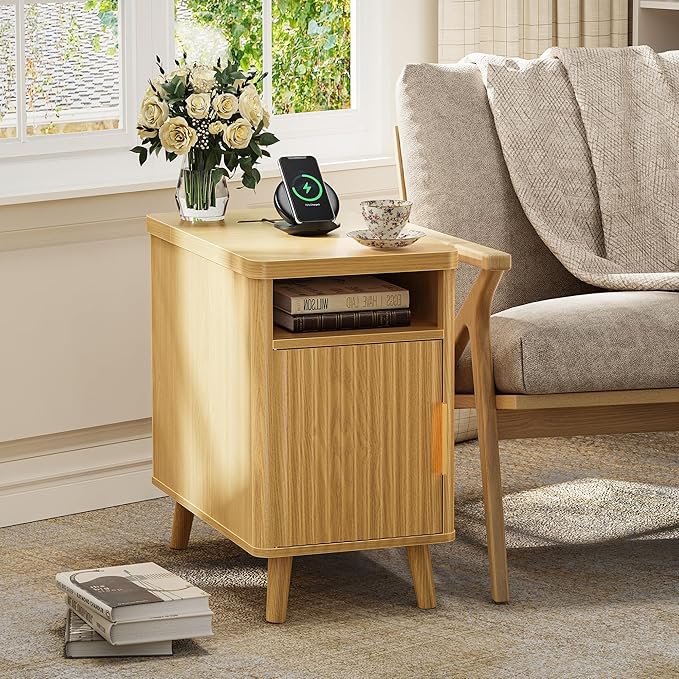 Huuger Narrow End Table with Charging Station, USB-C Port, Fluted Nightstand with Storage Cabinet, Back Rack, Side Table for Small Spaces, 13.4 × 23.6 Inch Night Stand with Storage, Natural