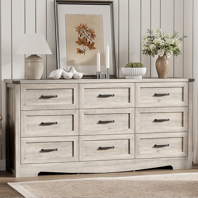 Dresser for Bedroom with 9 Drawers, 63" Wide Wood Chest of Drawers with Deep Drawers & Mental Handle, Modern Dresser TV Stand, Wooden Closet Storage Organizer for Living Room, Hallway, Entryway, Grey
