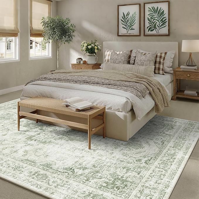 8x10 Vintage Washable Area Rugs Boho Medallion Large Distressed Retro Accent Carpet Floral Non-Slip Soft Low Pile Indoor Throw Rug for Living Room Bedroom Dining Room Office Kitchen, Green