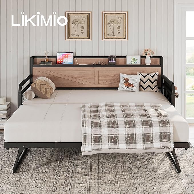 LIKIMIO Twin Daybed with Trundle Bed, Storage Headboard with Charging Station, Sofa Day Bed with Strong Supports for Living Room, Bedroom, and Guest Room, Wood Color