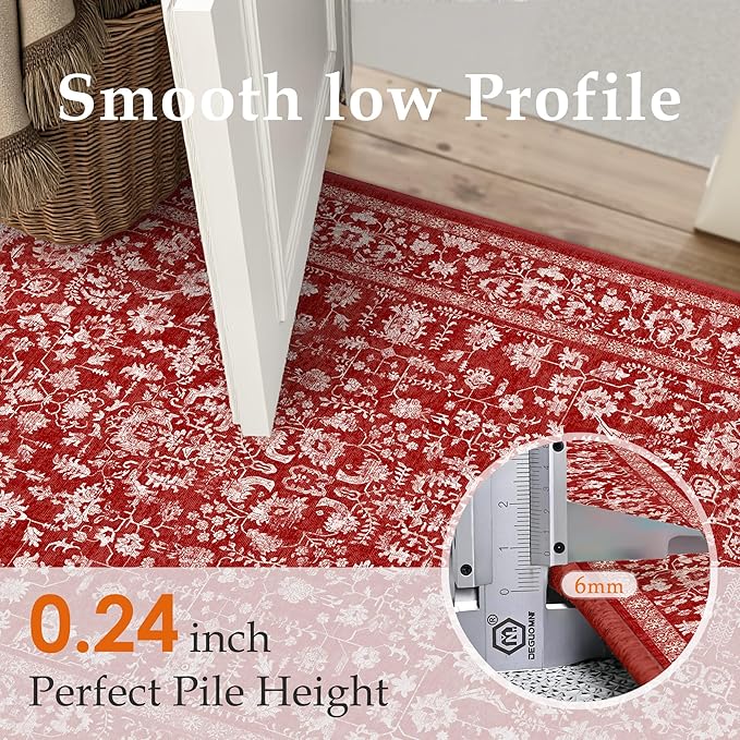 Christmas Area Rug 6x9 Red Washable Living Room Carpet Vintage Floral Holiday Decor Indoor Bedroom Accent Rug Decorative Non Slip Low Pile Xmas Carpet for Dining Room Office Playroom