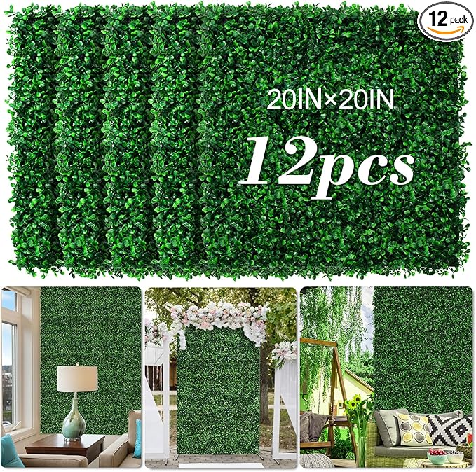 AOKIE 20"X20" Artificial Grass Wall, 12 Pcs Boxwood Hedge Wall Panels UV-Anti Grass Backdrop Wall Decor, Greenery Privacy Hedge Screen for Indoor Outdoor Patio Balcony, Party Garden Fence Decor