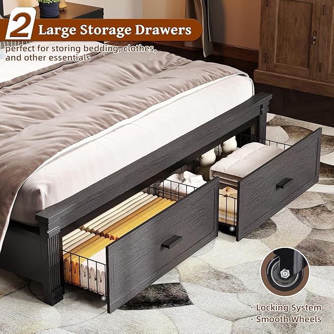 53" Tall King Bed Frame with Headboard and Storage, 2 Drawers and LED Built in Charging Station Bed Frame King Size with Farmhouse Roman Column Decoration,No Box Spring Needed (Black)