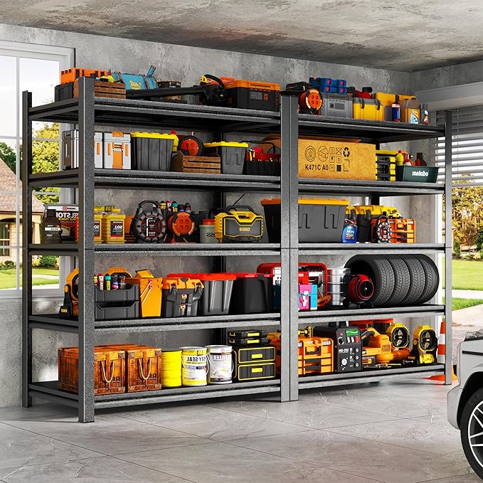 Metal Garage Shelving Unit, Heavy Duty 5-Tier Adjustable Storage Rack, Steel Shelving, 3020 lbs Capacity, Industrial Shelves for Heavy Tools and Equipment, Ideal for Garage, Basement, Black, 72"