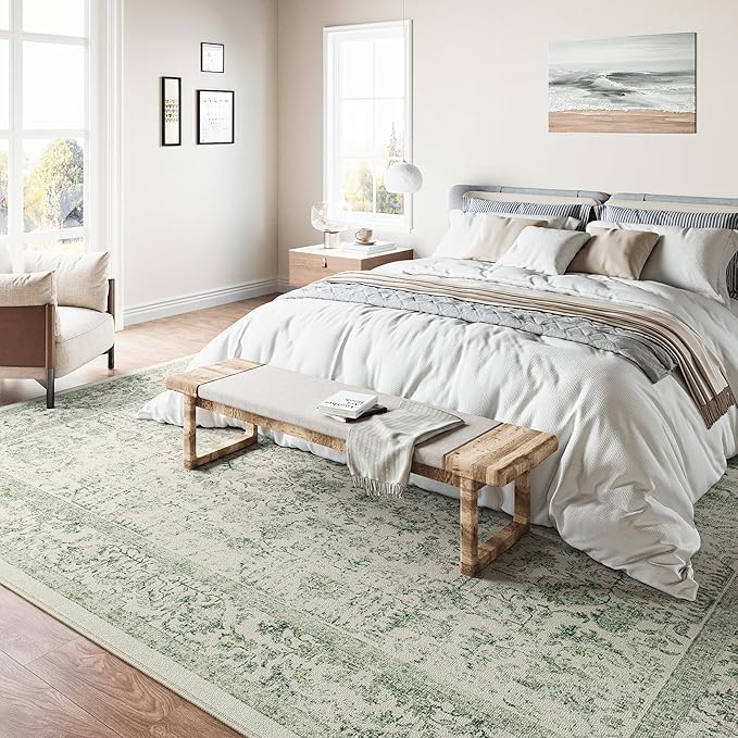 Sage Green Area Rug 5x8 Living Room Washable Carpet Vintage Distressed Non Slip Kitchen Carpet Neutral Low Pile Retro Floral Farmhouse Throw Rug for Home Office Bedroom Laundry Dining Room
