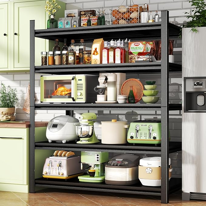 Metal Garage Shelving Unit, Heavy Duty 5-Tier Adjustable Storage Rack, Steel Shelving, 3020 lbs Capacity, Industrial Shelves for Heavy Tools and Equipment, Ideal for Garage, Basement, Black, 63"