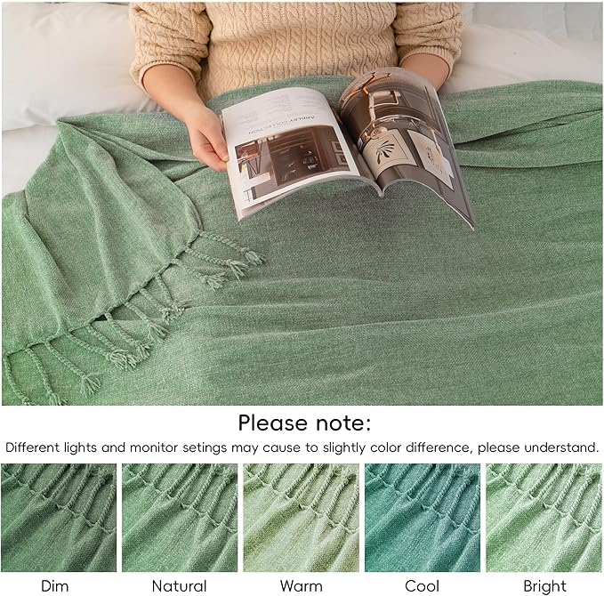BATTILO HOME Sage Green Throw Blanket for Couch, Bed, Sofa - Soft Cozy Sage Chenille Throw with Fringe Tassels, Lightweight Green Knit Throw for Spring Home Decor, 50"x60"