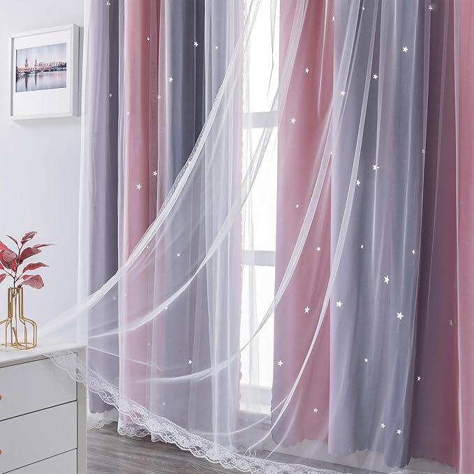 XiDi Dream Star Blackout Curtains for Kids Rooms Girl Princess Curtain for Daughter Bedroom Window (Pink Grey, W52 X L96)