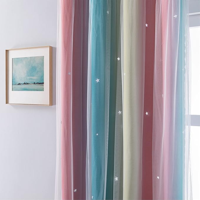 XiDi Curtains for Bedroom Decor, Rainbow Pink-Blue-34-90