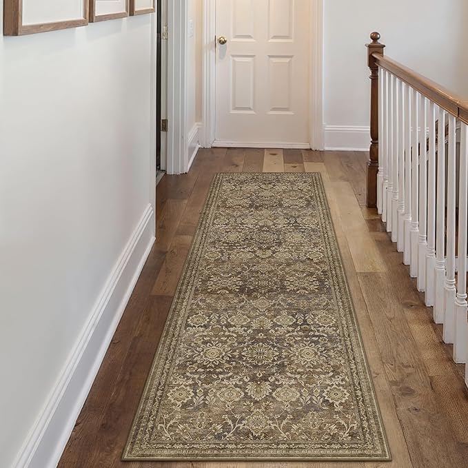 2x8 Runner Rug Brown Vintage Hallway Long Carpet Indoor Kitchen Washable Living Room Low Pile Traditional Distressed Retro Floral Accent Throw Rug Non Slip Laundry Bathroom Office Dining Room
