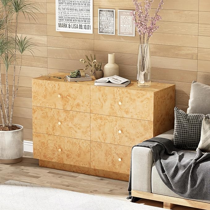 Modern 6 Drawer Dresser with Burl Finish, Wide Wood Chest of Drawers Clothes Organizer, Stylish Large Storage Cabinet for Bedroom or Entryway