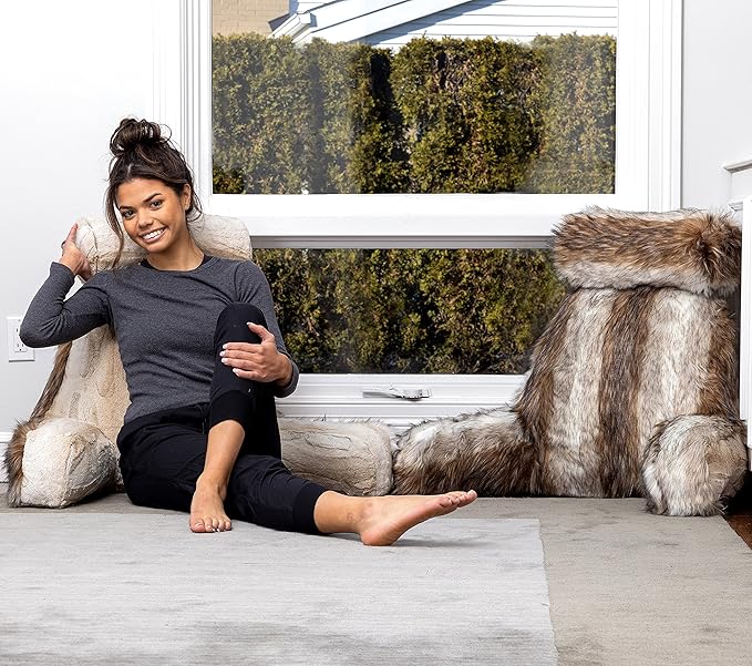 Husband Pillow Medium Rare Baby Coyote Fabulous Faux Fur Backrest, Two-Tone Reversible Double Sided Reading & Bed Rest Pillow with Arms & Neck Roll Adjustable Memory Foam - Sit Up Extremely Comfy