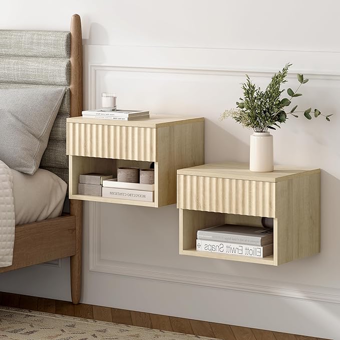 Floating Nightstands Set of 2 with Drawer and Open Shelf, Small Wall Mounted Bedside End Table, Modern Fluted Night Stand for Bedroom, Living Room, Light Oak