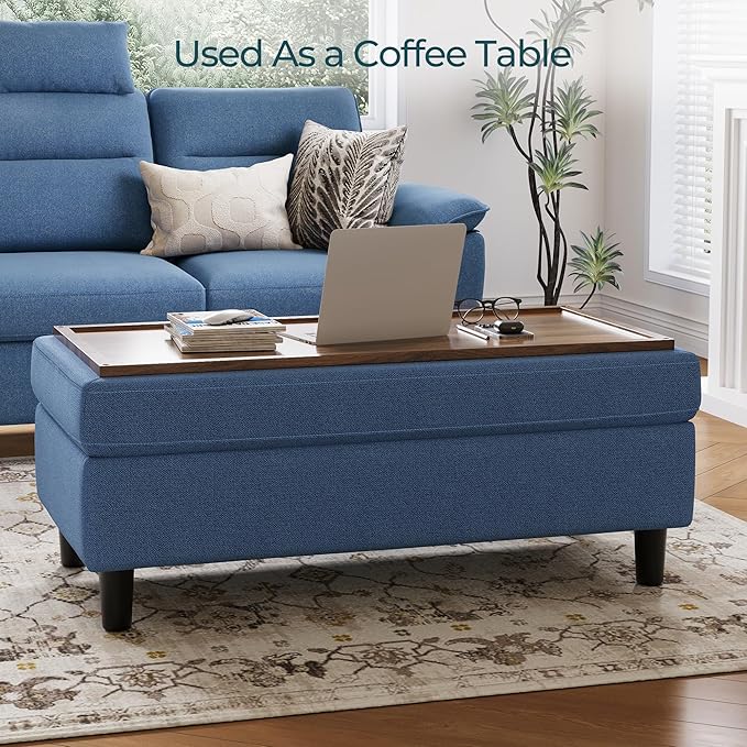 LINSY HOME 46 Inches Wide Storage Ottoman Bench, Linen Coffee Table Long Shoes Bench Footstool, Storage Chest, Foot Rest Stool, for The Living Room, Entryway and Family Room (Blue)