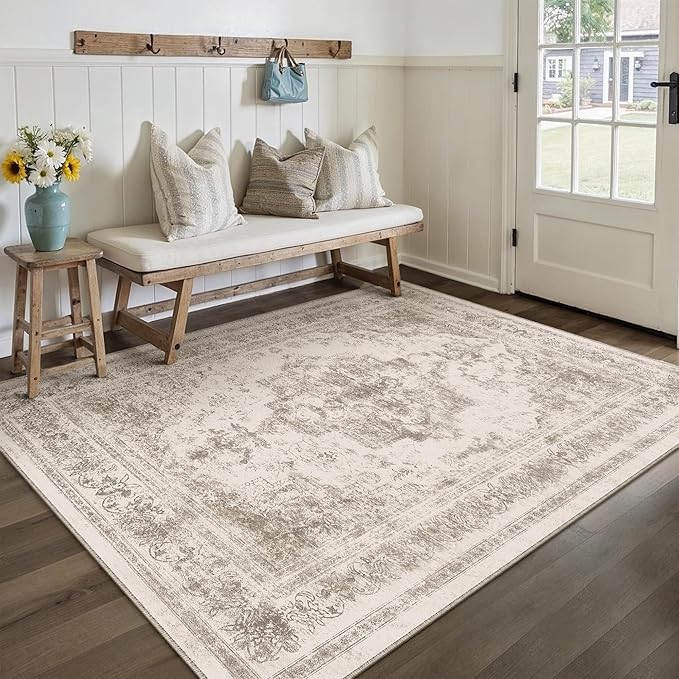 Area Rug 6x9 Beige Washable Living Room Carpet Non Slip Vintage Medallion Indoor Bedroom Carpet Low Pile Soft Retro Distressed Large Rug Home Office Dining Room Playroom