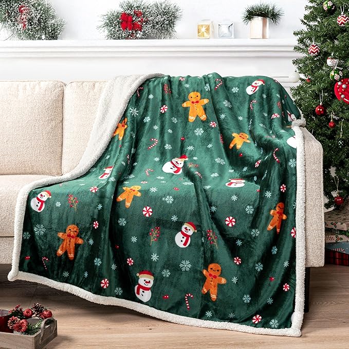 PAVILIA Green Christmas Sherpa Throw Blanket, Gingerbread Snowman Holiday Pattern, Soft Reversible Fleece & Sherpa 60x80 Winter Blanket for Couch & Bed, Cozy Christmas Decor