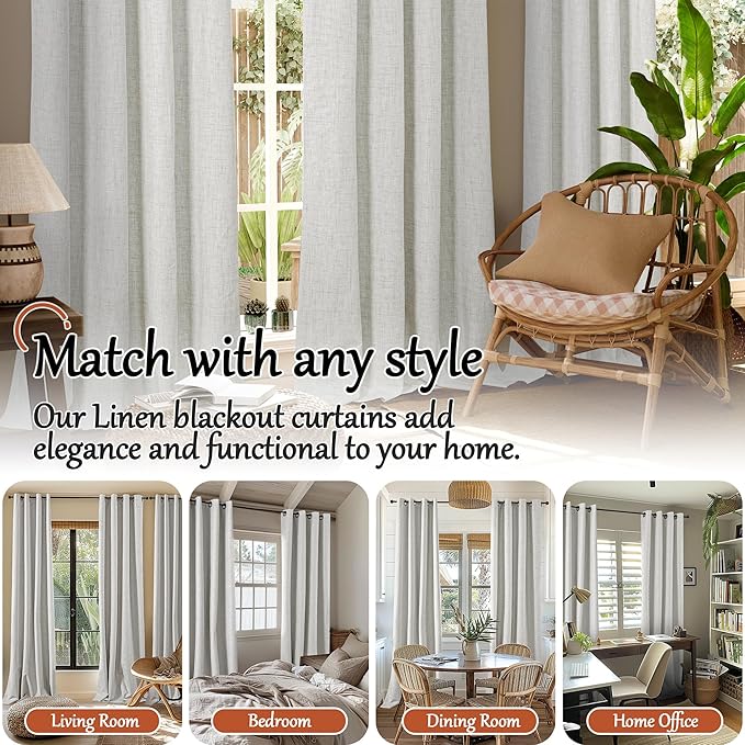 100% Blackout Curtains for Living Room 72 Inch Length 2 Panels Set, Thermal Insulated Light Blocking Boho Faux Linen Window Curtains for Bedroom, Bronze Grommet, Each 52" Wide, Light Grey