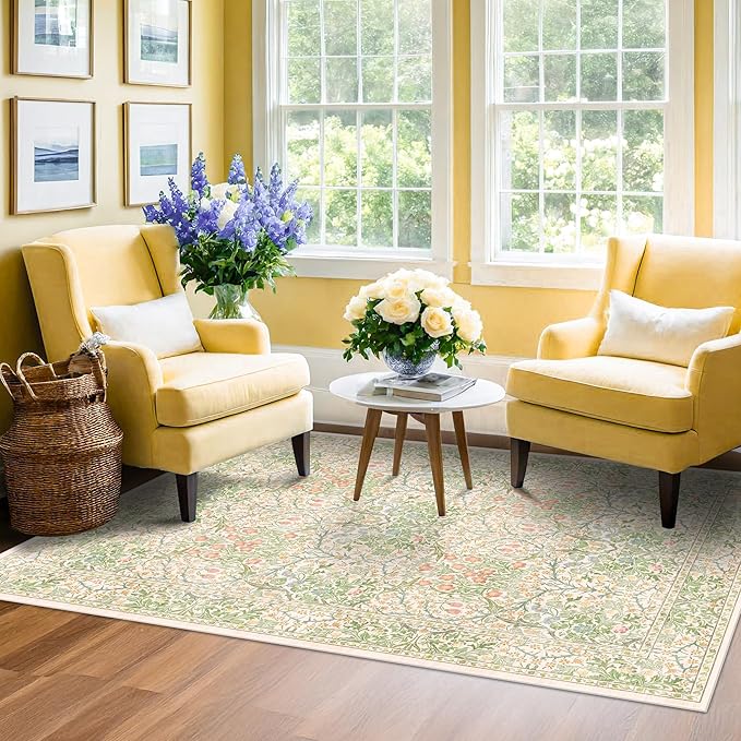 Light Green Bedroom Rug 5x7 Area Rug for Living Room, Vintage Washable Floral Floor Mat for Nursery, Dining Room Low Pile Non Slip Stain Resistance Distressed Retro Indoor (5x7 Beige Green)