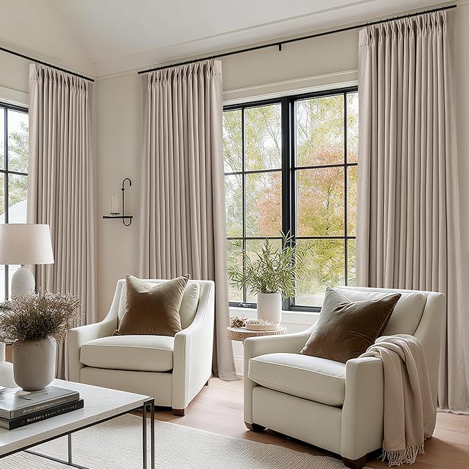 108 Inch Pinch Pleat Drapes Greyish Beige Room Darkening Curtains 108 Inches Long for Bedroom Neutral Farmhouse 100% Blackout Thick Linen Double Layer Pleated Curtain 2 Panels Set Burlywood Birch