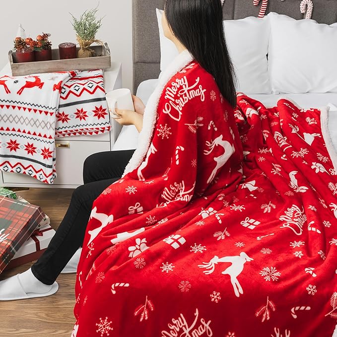 PAVILIA Red Reindeer Christmas Sherpa Throw Blanket, Ultra Soft Reversible Fleece Sherpa 50x60 Winter Blanket for Couch & Bed, Cozy Christmas Home Decor Holiday