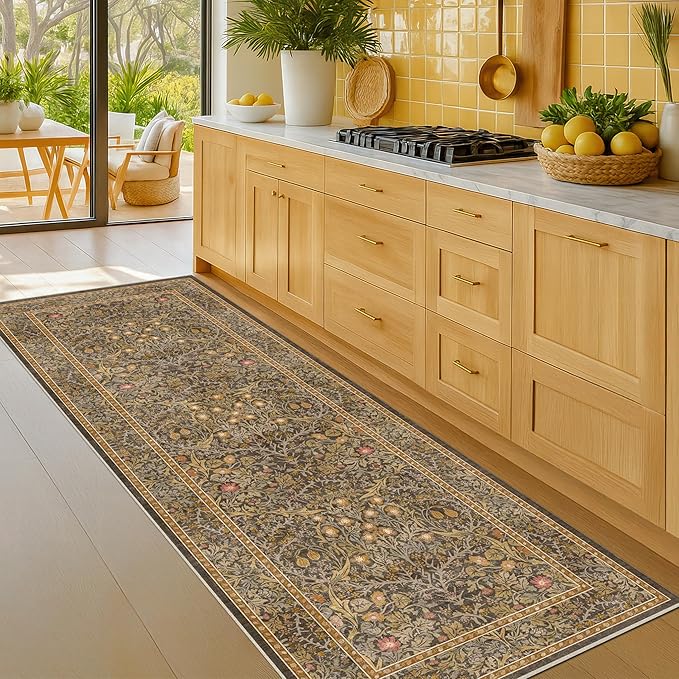 Gold Brown 2x6 Bathroom Runners Non Slip Washable, Low-Pile Runner Rugs for Kitchen, Entryway, Hallway, Laundry Room, Bedroom Bedside, Vintage Floral Stain Resistant Soft Carpet