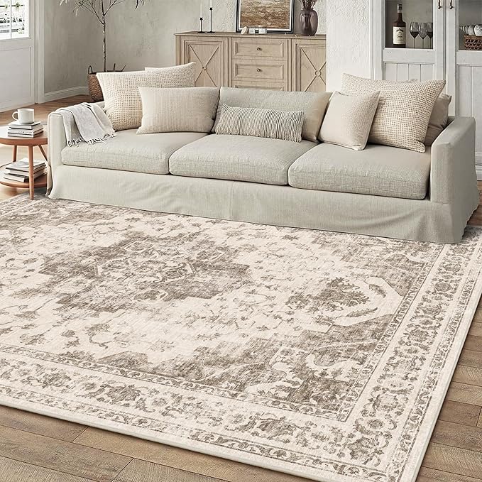 6x9 Vintage Washable Area Rugs Boho Medallion Large Distressed Retro Accent Carpet Floral Non-Slip Soft Low Pile Indoor Throw Rug for Living Room Bedroom Dining Room Office Kitchen, Taupe