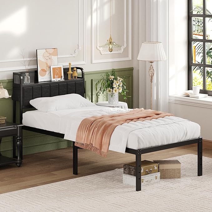 16 Inch Twin XL Bed Frames with Storage Headboard, Modern Design Metal XL Twin Bed Frame No Box Spring Needed, Easy Assembly, Black
