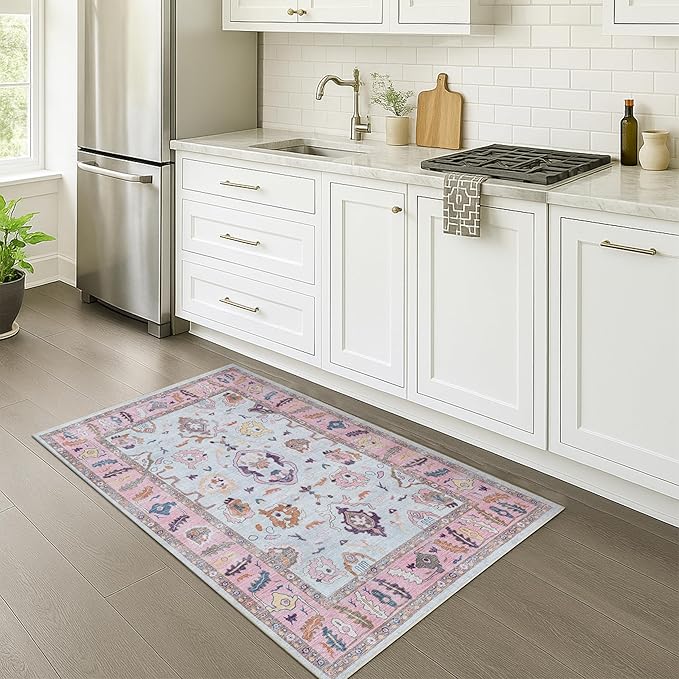 Fame Rugs Pink Beige Modern Oushak Rug 3x5, Washable Vintage Turkish Colorful Oriental Antique Inspired Foldable Small Area Rugs, Luxury Living Room Bedroom (390PP, 2'6" x 5')
