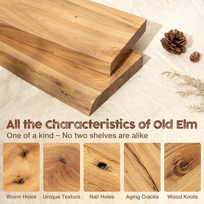 fuqing Floating Shelves for Wall, 72 inch Rustic Solid Elm Wood Floating Shelves, Wooden Wall Shelves with Invisible Heavy Duty Brackets for Living Room, Bedroom, Kitchen, Bathroom, 1 Pack, Natural