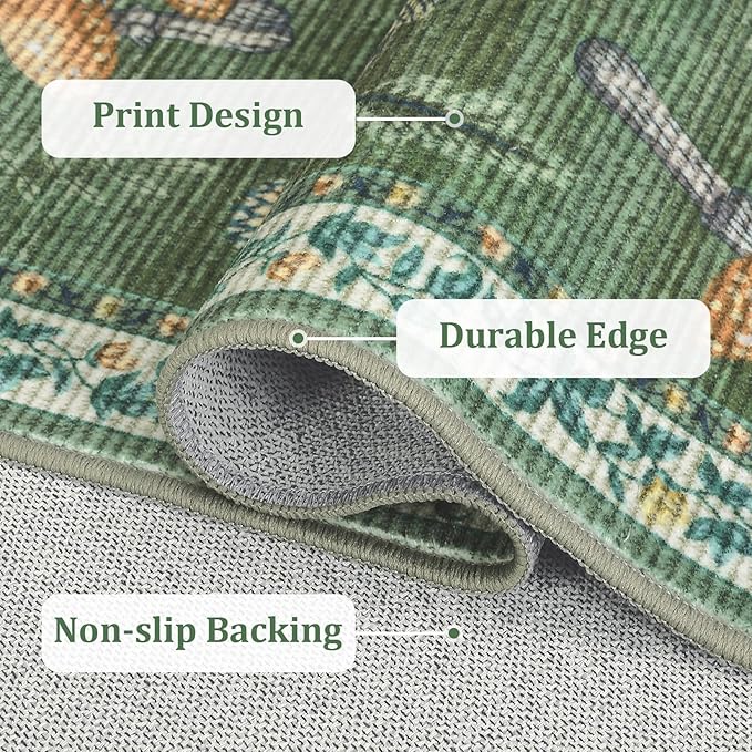 Mushroom Insect 7ft Round Rug Washable Non-Slip Soft Ultra-Thin Large Boho Circle Carpet for Entryway Kitchen Bedroom Nursery Dining Room Green