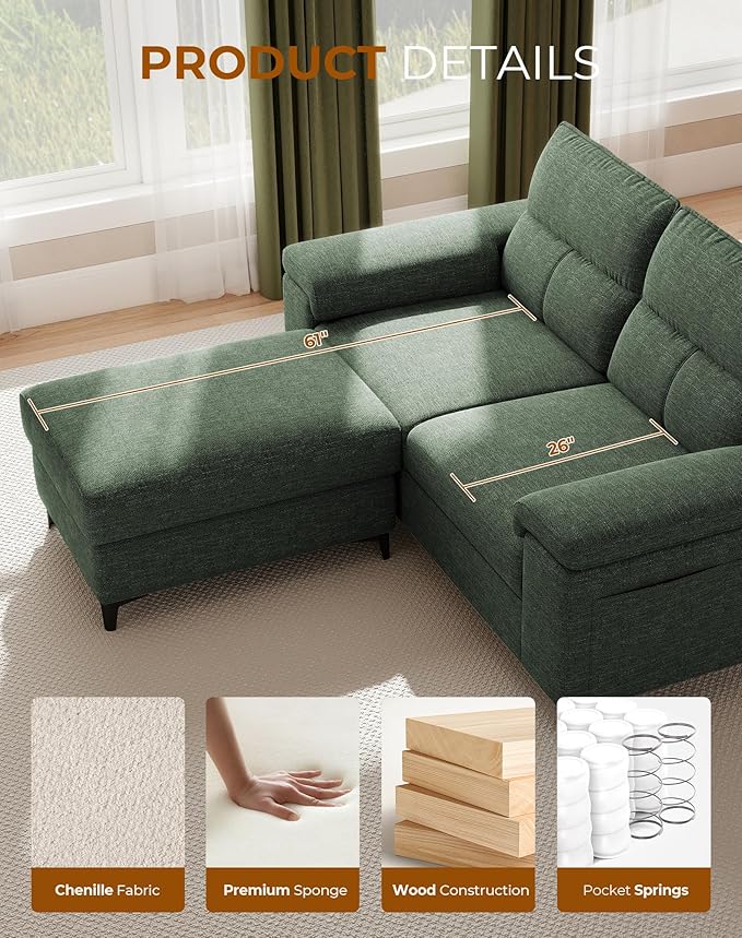 71.25" L Shaped Sectional Couches for Living Room, Deep Seat Sofa with Big Storage Ottoman & 8”Cushion, Comfy 2-Seater Chenille Loveseat, Convertible Armrest, Removable Cover for Small Space(Green)