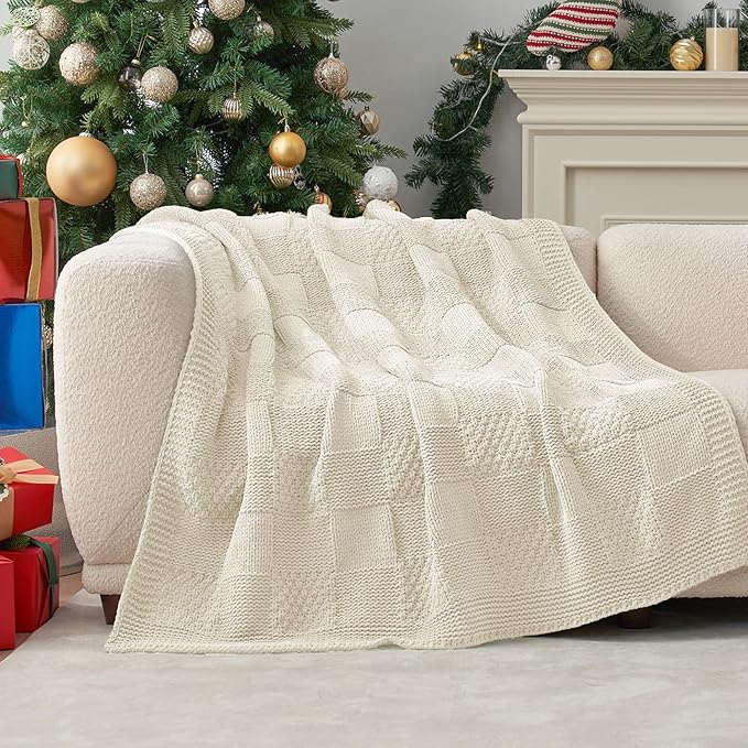 Amélie Home Checkered Chenille Knit Throw Blanket for Couch, Classic Texture Decorative Soft Blanket for Sofa, Chair & Bedroom, 60"x80", Ivory