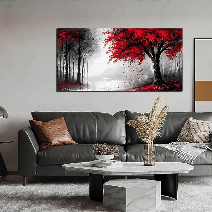 Large Canvas Wall Art for Living Room Black White and Red Forest Print Pictures Painting Framed Wall Decor for Bedroom Modern Home Plant Scenery Wall Decorations Artwork Size 24x48 Ready to Hang