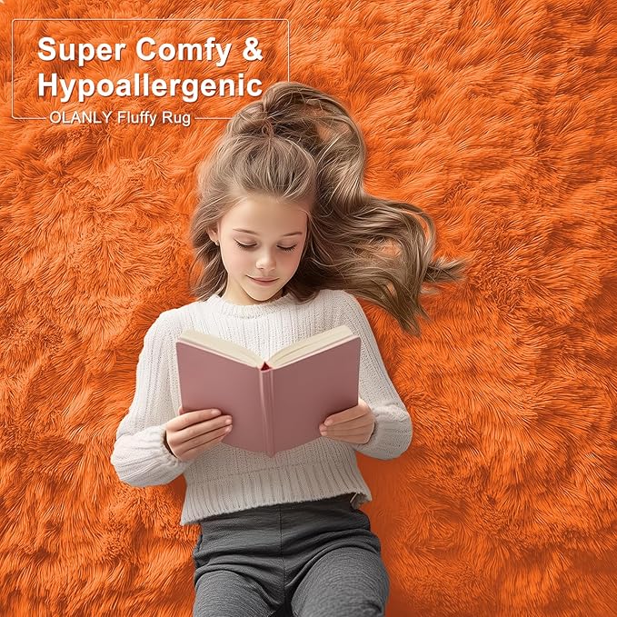 OLANLY 2x6 Machine Washable Runner Rugs for Hallway, Soft Fluffy Shaggy Bedside Rugs for Bedroom, Living Room, Indoor Floor Carpet for Kids Girls and Boys, Nursery Rooms, Home Decor Aesthetic, Orange