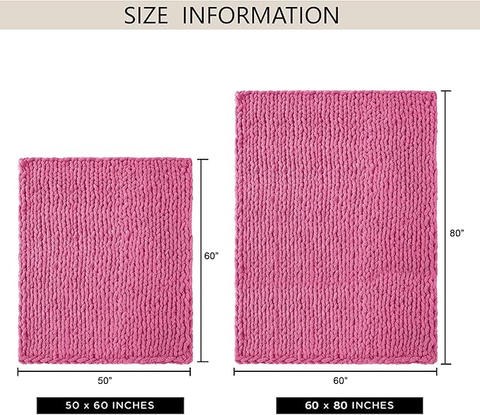Chunky Knit Throw Blanket 60"X 80", 100% Handmade with Soft Chenille Yarn, 4.4lbs Thick Cable Knitted Blankets, Large Rope Knot Crochet Throws for Couch Sofa Bed Home Decor, Hot Pink