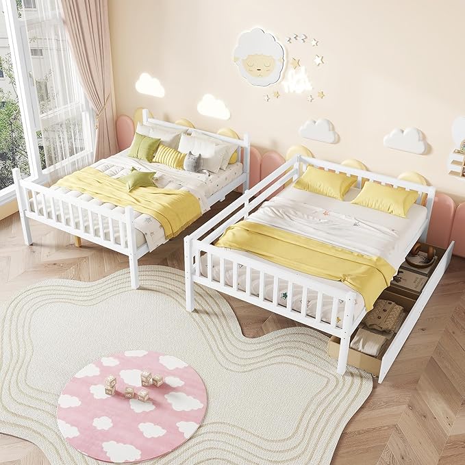 Full Over Full Bunk Bed with Storage Drawers,Convertible Bunk Beds with Ladder & Safety Guardrails,Full Size Bunk Beds for Kids Girls Boys,White