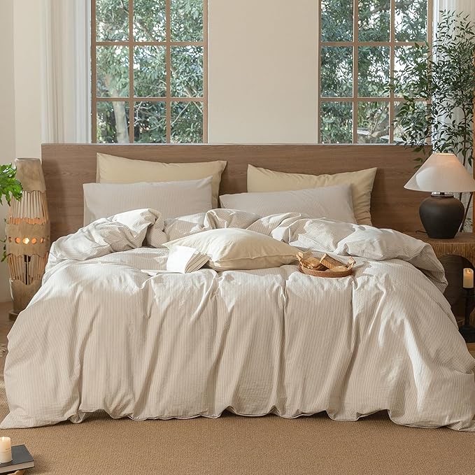 MooMee Striped Duvet Cover Set 100% Washed Cotton Linen Like Textured Breathable Durable Soft Comfy (Tannish Linen Grey White Pinstripes, Super King 108"x98")