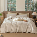 MooMee Striped Duvet Cover Set 100% Washed Cotton Linen Like Textured Breathable Durable Soft Comfy (Tannish Linen Grey White Pinstripes, Super King 108"x98")